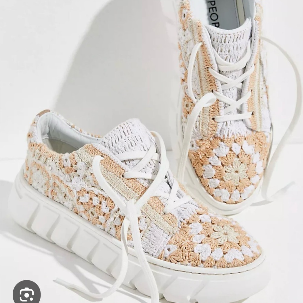 Free People White and Tan Platform Sneakers with Ornate Design